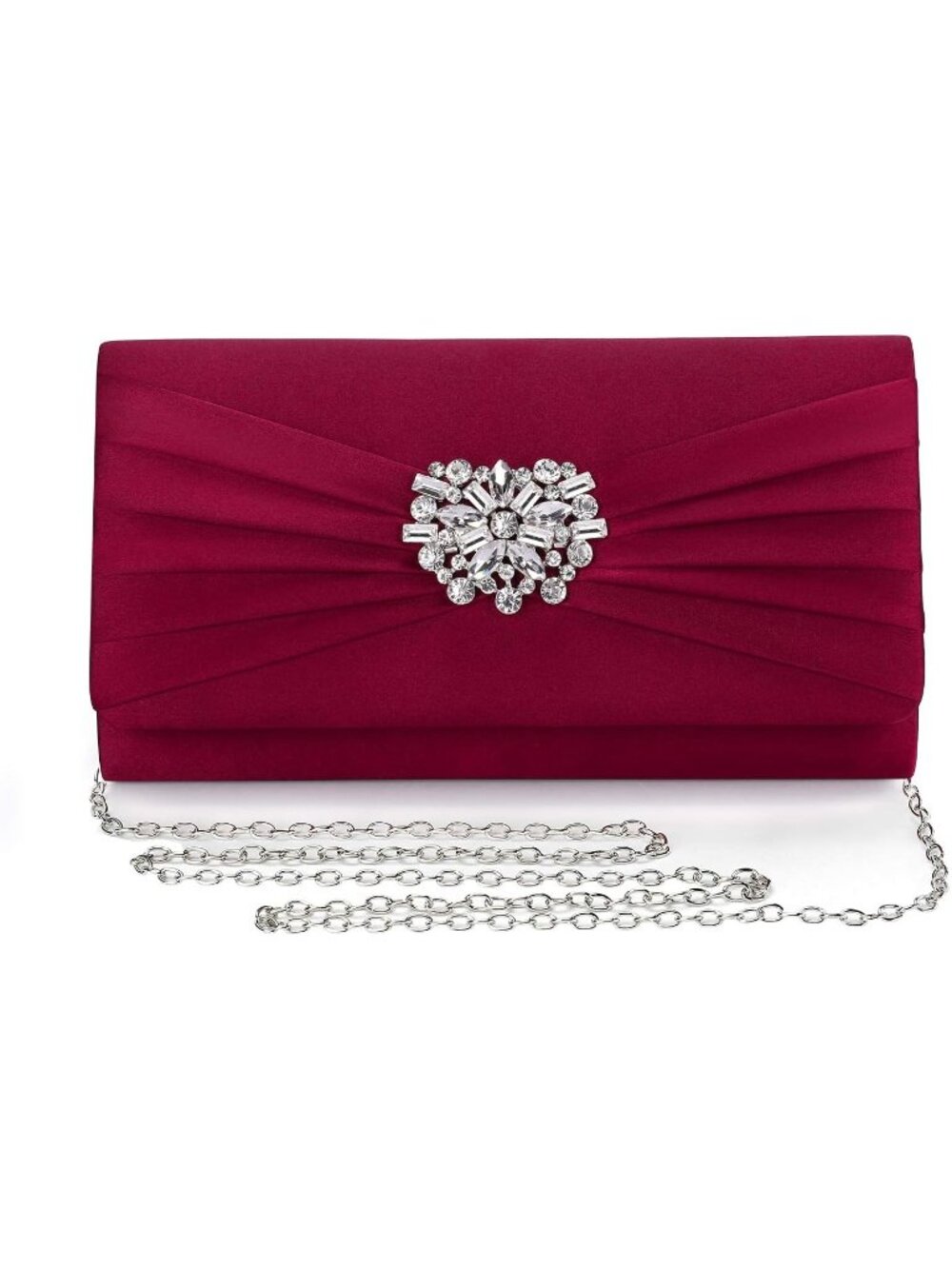 〽️Women's Burgundy Satin Brooch Rhinestone Clutch Detachable Chain Evening Bags